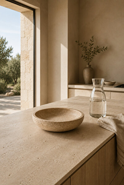 Marbello Travertine Bowl 25 cm Natural Stone Decorative Bowl Fruit Bowl Coffe...