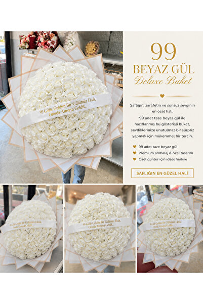 UMAY FLOWERS 99 beyaz gül isteme çiçeği yapay deluxe buket