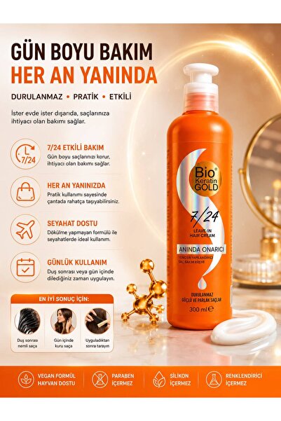 Bio Keratin Gold 7/24 Anında Onarıcı Yeniden Yapılandırıcı Saç Bakım Kremi 300ml Durulanmaz