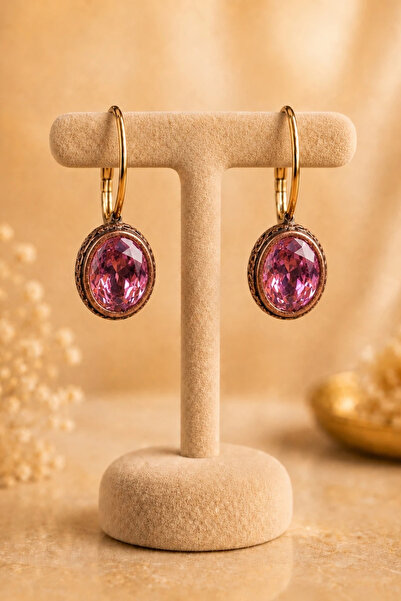 OSMANLI GÜMÜŞ Women's Earrings Copper Pink Quartz Natural Stone Oval Model Wo...