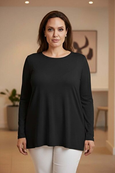 RMG Crew Neck Large Size Long Sleeve T-Shirt with Side Slits Black