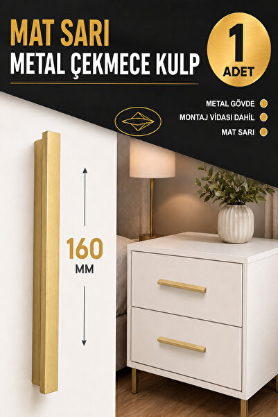Badem10 Özen 160 mm 16 cm Mat Sarı Metal Mobilya Kulpu Uzun Çekmece Dolap Kap...