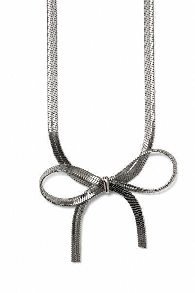 Jack Ferrero Modern Flat Snake Chain Bow Detailed Metallic Gray Steel Necklace