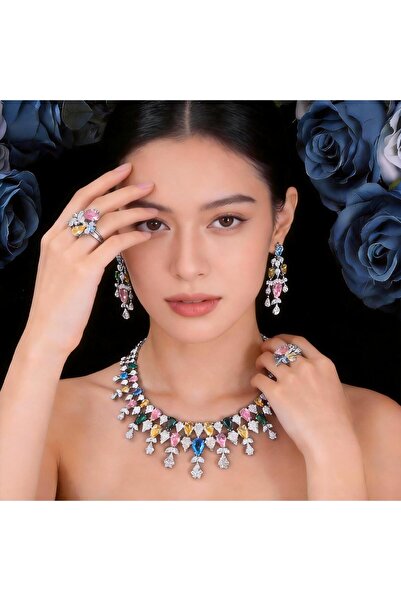 jewerlystore Sparkling Colorful Cubic Zirconia Necklace Earrings 4-piece Set ...