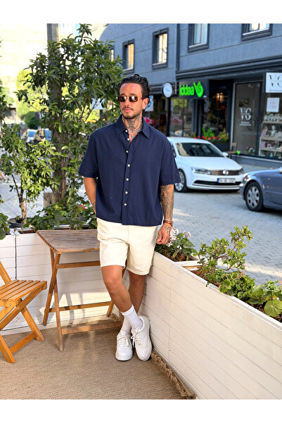 manch collection Boxy Fit Crinkle Short Sleeve Linen Shirt Navy Blue