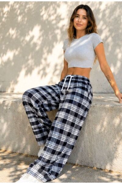 CultureCo Plaid Striped Square Patterned Elastic Waist Unisex Sweatpants
