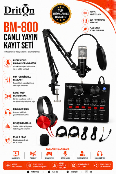 DRİTON BM-800 + V8 SES KARTI GRİ PODCAST TİKTOK YOUTUBE YAYINCI CONDENSER MİK...