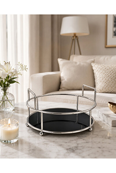 mba decor metal bending art Gümüş Siyah Kulplu Yuvarlak Dekoratif Tepsi 25 cm, Kulplu Sunum ve Düzenleme Tepsisi