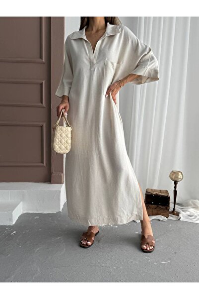 EEES KADIN YAKALI CEPLİ MAXİ BOY İNCE KETEN OVERSIZE ELBİSE