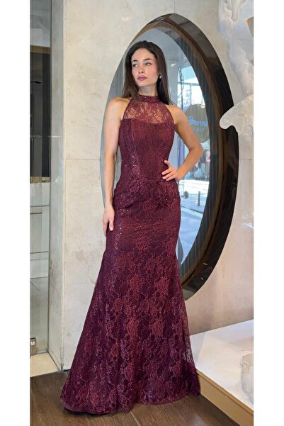 SpringStore Bordo Halter Yaka Payet İşlemeli Dantel Abiye
