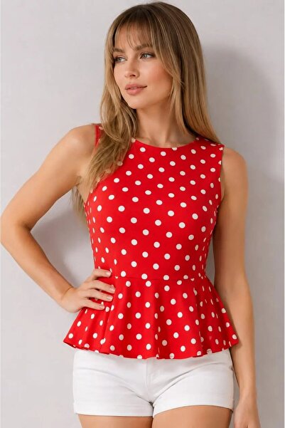 Park Karon Women's Crew Neck Polka Dot Skirt Flounced Combed Cotton Blouse 26102
