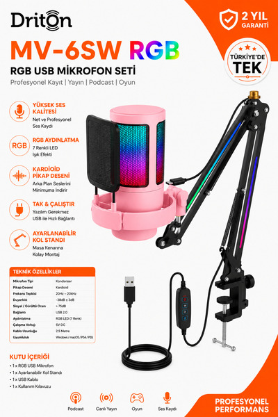 DRİTON Mv-6Psrgb Rgb Professional Gamer and Streamer Microphone - USB Microph...