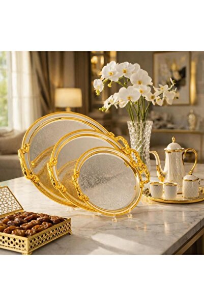 laverahome 3-Piece Silver Steel Hospitality Tray Set with Gold Accents - Eleg...