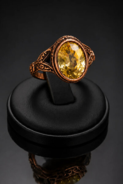 OSMANLI GÜMÜŞ Women's Copper Ring with Yellow Citrine Natural Stone Oval Mode...