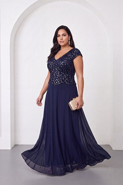 Lafaba Kadın Lacivert V Yaka Payetli Büyük Beden Uzun Abiye Elbise