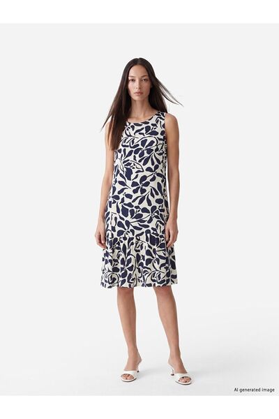 LC Waikiki Lcw Everyday Navy Blue Crew Neck Patterned Dress