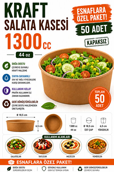 OPTİMEX 1300 cc Kraft Salata Kasesi 50 Adet Kapaksız | Derin Kraft Kase | Esn...