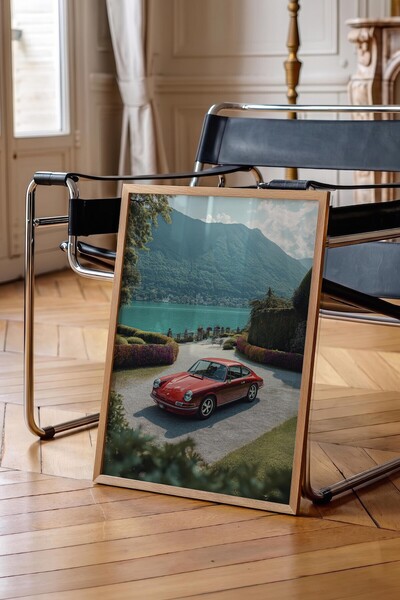 Postifull Red Car and Mountain Landscape Poster, Wooden Framed Poster, Old Mo...