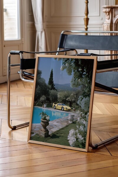 Postifull Yellow Car and Pool Scenery Poster, Poster with Wood Frame, Old Mon...