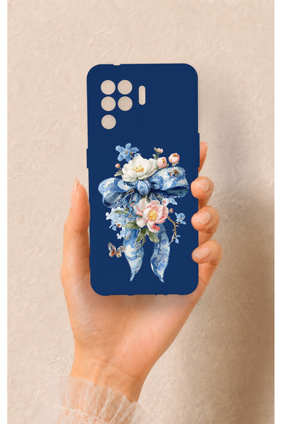 Vip Case Oppo Reno 5 Lite Uyumlu Mavi Kurdeleli Çiçek Desenli Silikon Kılıf