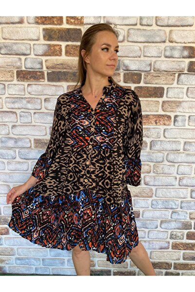 AGORATEKSTİL Women's Patterned Pompom Three Quarter Sleeve Viscose Fabric Dre...