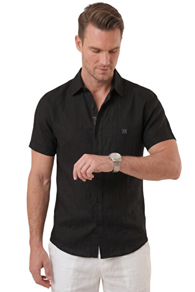 DeepSEA Black Flamed Linen Men's Shirt – Summer 100% Cotton Relaxed Fit 2602652