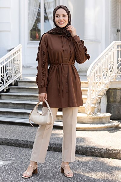 InStyle Fırfır Kol Kuşaklı Kahverengi Tunik