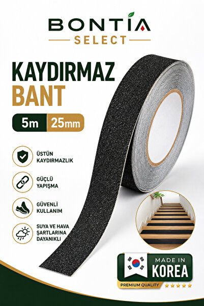 Bontia Kaydırmaz Bant 5 Metre x 25 mm Siyah Merdiven Kaydırmaz Şerit Güçlü Ya...