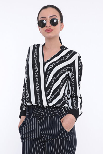 FIRST STYLE Elegant Turkish Blouse with Black and White Stripes and Soft Wrap...