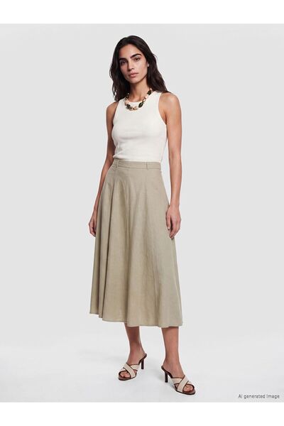 LC Waikiki Lcw Vision Green Linen Blend A-Line Flared Skirt