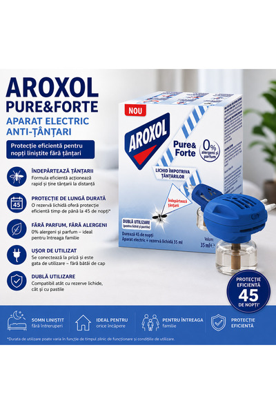 Aroxol Aparat Electric Anti-Țânțari Pure&Forte cu Rezervă Lichidă, Protecție ...