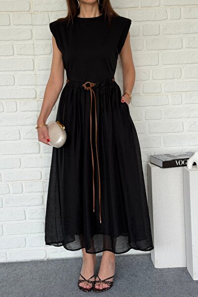 Suziş Black, Padded, Garnished and Leather Belted Dress 0103