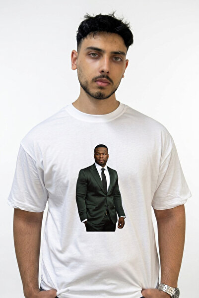 Anetos تي شيرت أبيض كبير الحجم مطبوع بتصميم 50 Cent_62