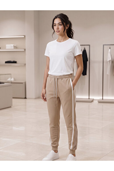 NOBLE STORE Pantaloni de trening bej cu dungi laterale