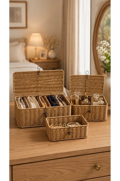 Destpak 3 Pieces of Wicker Desktop Organizer - Wicker Rattan Basket - Steel Wicker Locking Basket - Organizer with Lid - Extra Quality
