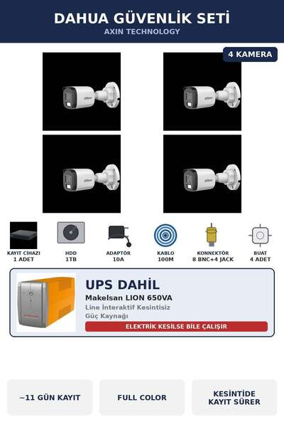 DAHUA 4 Kameralı 5MP UPS'li Güvenlik Kamera Seti 5MP Full Color Sesli Bullet ...