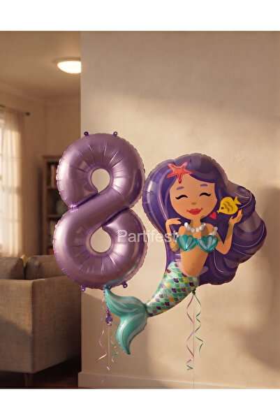Partifest Mermaid Themed Foil Balloon Set - Purple Number Balloon for 8 Years...