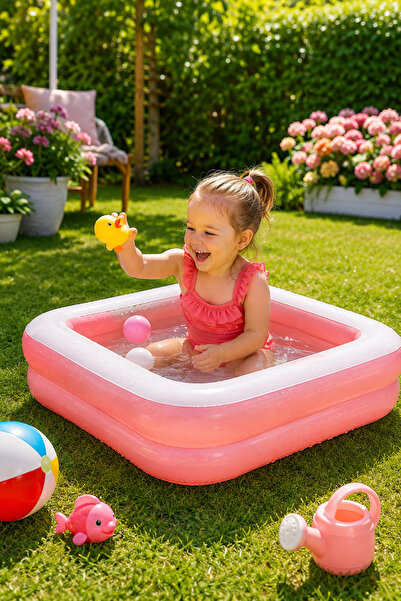welcomein Şişme Taban Mini Kare Havuz 86x86x25 cm Mavi/Pembe Çocuk Bebek Oyun...