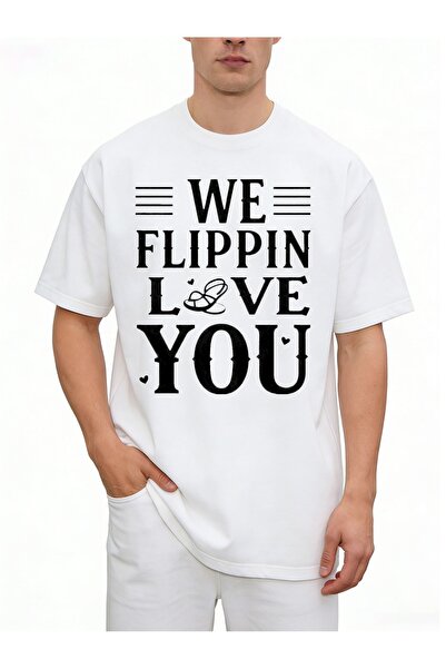 BASEPULSE تي شيرت رجالي بتصميم كاجوال، تصميم جرافيك We Flippin Love You، ملاب...