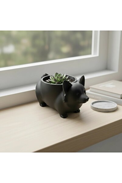OEM Mini Ghiveci Decorativ Imprimat 3D Model Corgi - Negru compozit mat