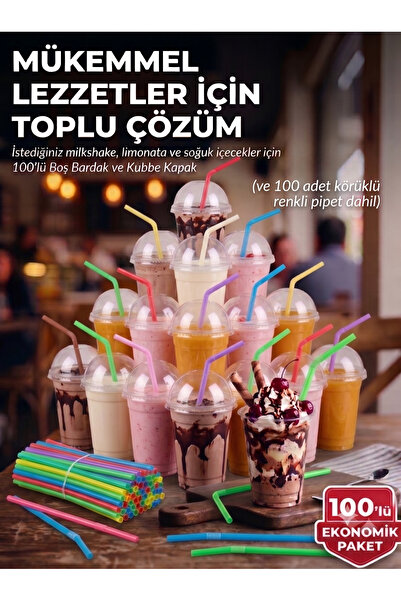 Gökplast Plastik Şeffaf Bardak Kapaklı Pipetli 400ml CC Milkshake KAHVE LİMON...