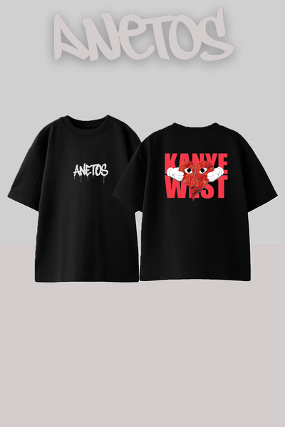 Anetos Μαύρο μπλουζάκι Kanye West KAWS_1 με στάμπα σχεδίου, unisex, oversize