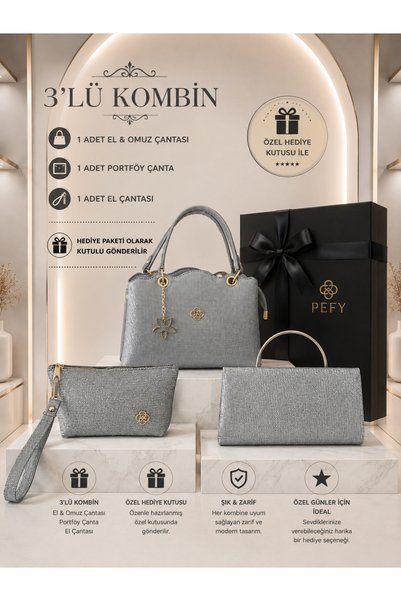 PefyBaby 3-Piece Women's Bag Set Gray Glitter Fabric Detailed Hand and Shoulder Bag Portfolio Bag Boxed Gift Set