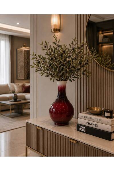 tablowall Dekoratif Seramik Vazo 32 cm Bordo - Fildişi Beyazı Ombre Geçişli M...