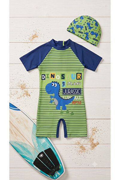pistyle Boy's Dino Patterned Boneli Green Colored Swimsuit