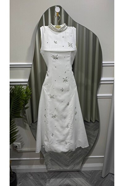 Jood Midi Dress with Embroidered Collar and Scattered Crystals