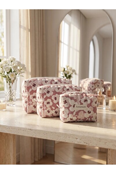 PURSEMARK Pink Violet Patterned Quilted Handmade (Set of 3) Makeup Bag – Travel Bag