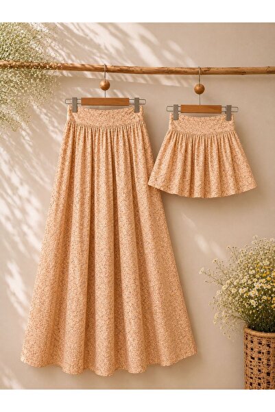 KÜÇÜĞÜM BUTİK Salmon Floral Flared Mother-Daughter Skirt Combination