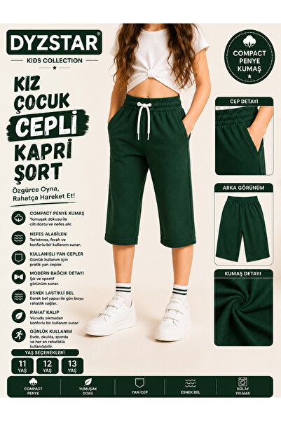 DYZSTAR Kız Çocuk Cepli Kapri Şort Koyu Yeşil Compact Penye Rahat Kalıp Lasti...