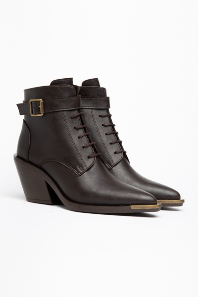 DENORA Bitter Brown Matte Leather Lace-Up Zippered Metal Toe Western Cowboy S...